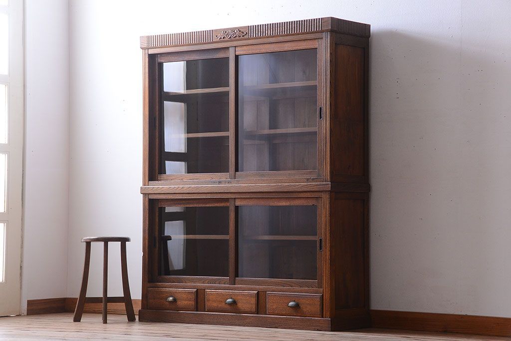 アンティーク家具　大正ロマン　古い木製のアンティーク重ね収納棚(食器棚)