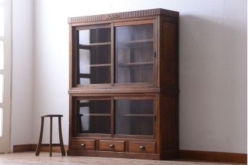 アンティーク家具　大正ロマン　古い木製のアンティーク重ね収納棚(食器棚)