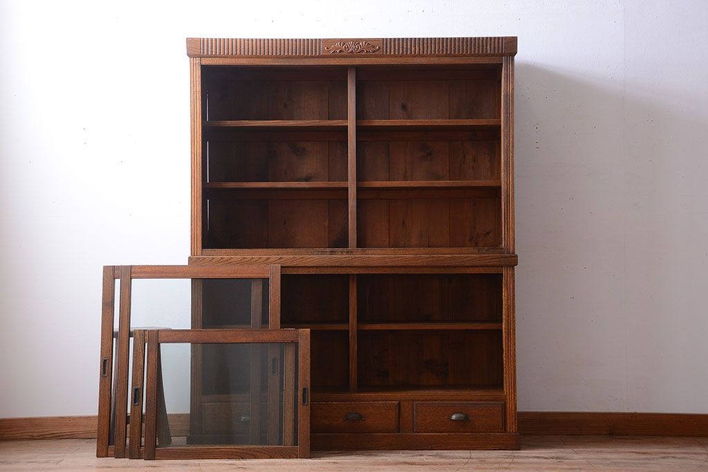 アンティーク家具　大正ロマン　古い木製のアンティーク重ね収納棚(食器棚)