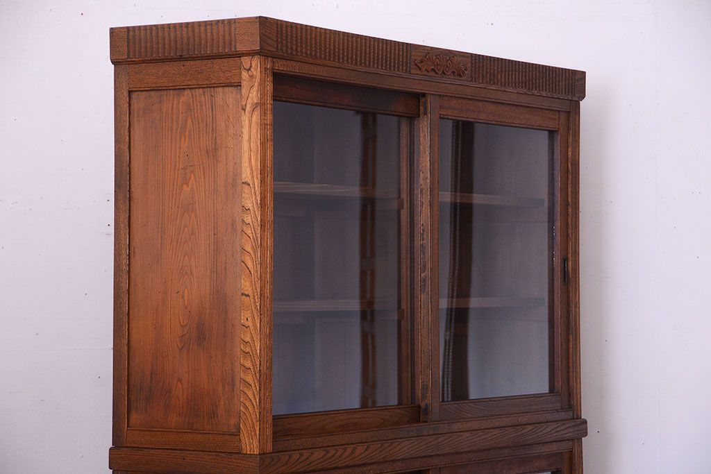 アンティーク家具　大正ロマン　古い木製のアンティーク重ね収納棚(食器棚)