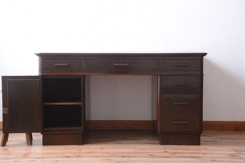 アンティーク家具　和製アンティーク　組み立て式!古いカバ材のシンプルでモダンな両袖机(デスク)