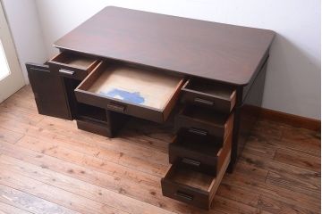 アンティーク家具　和製アンティーク　組み立て式!古いカバ材のシンプルでモダンな両袖机(デスク)