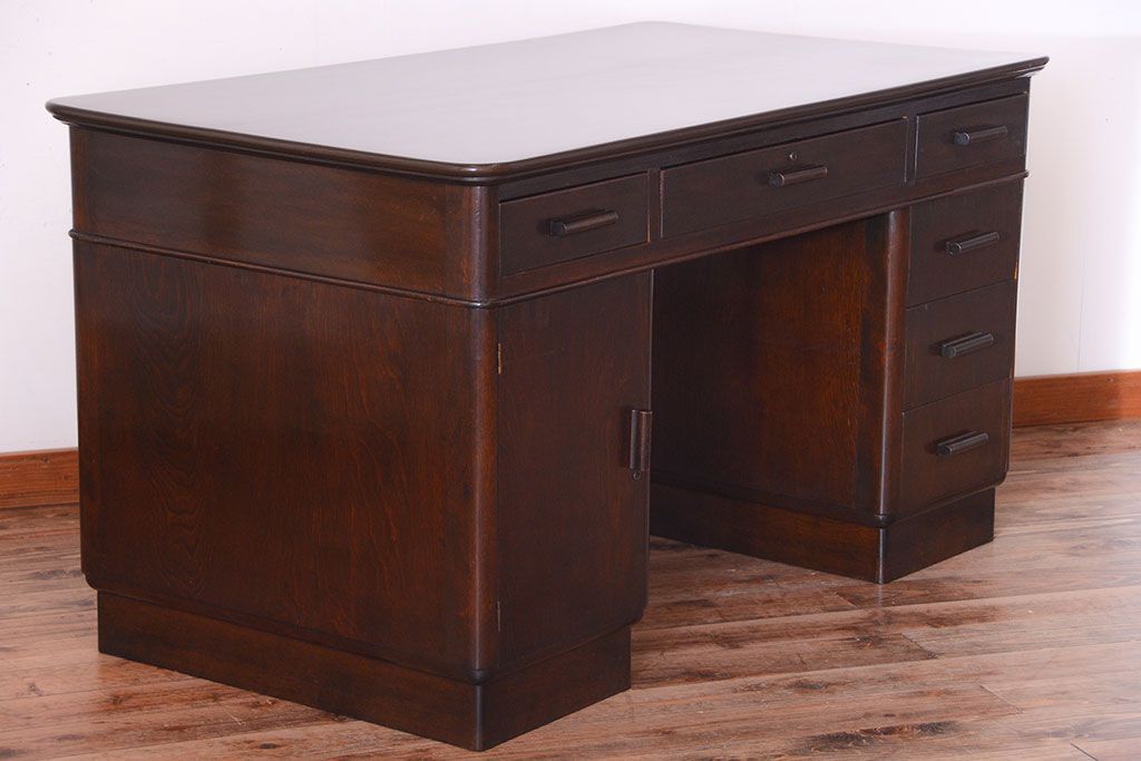 アンティーク家具　和製アンティーク　組み立て式!古いカバ材のシンプルでモダンな両袖机(デスク)