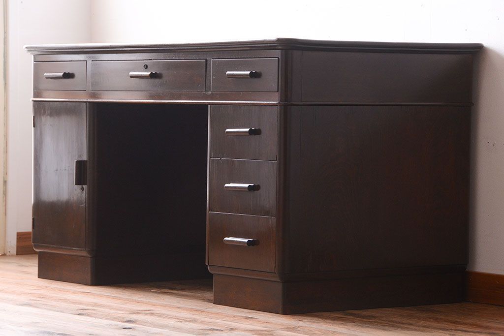 アンティーク家具　和製アンティーク　組み立て式!古いカバ材のシンプルでモダンな両袖机(デスク)