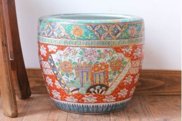 アンティーク雑貨　古民具・骨董　大正〜昭和初期 十錦手火鉢 牡丹(1)