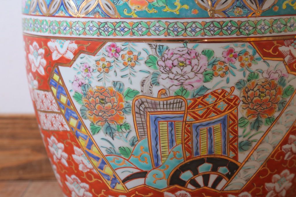 アンティーク雑貨　古民具・骨董　大正〜昭和初期 十錦手火鉢 牡丹(1)