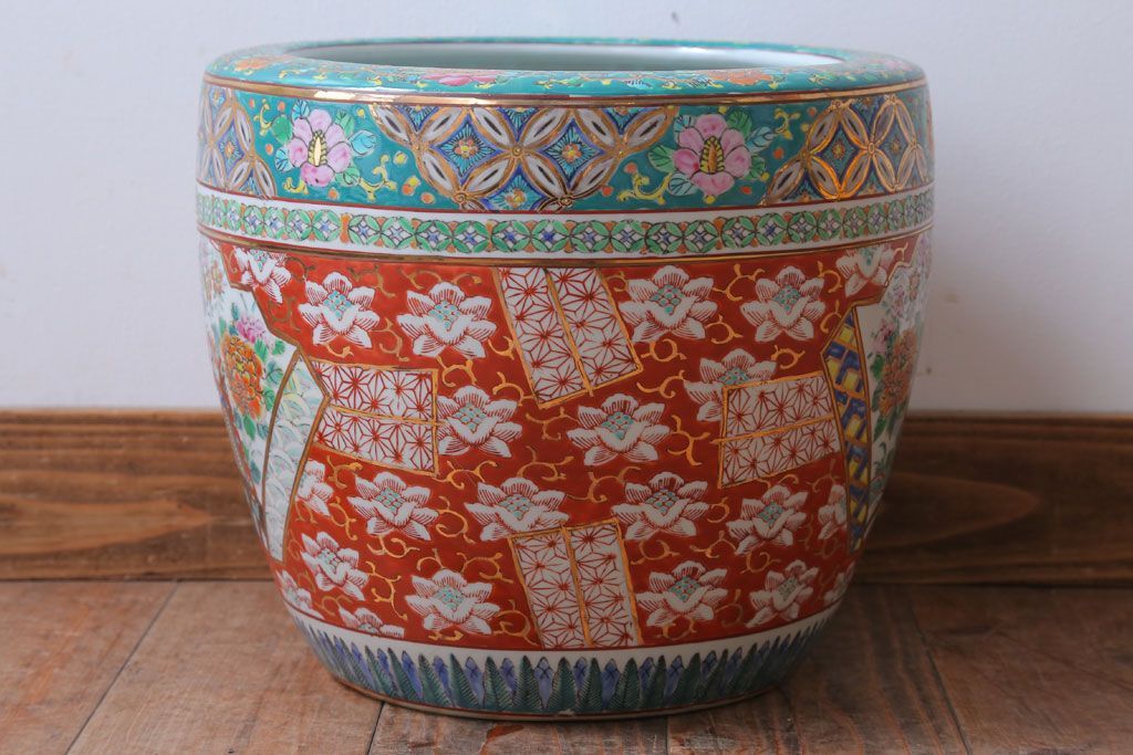 アンティーク雑貨　古民具・骨董　大正〜昭和初期 十錦手火鉢 牡丹(1)