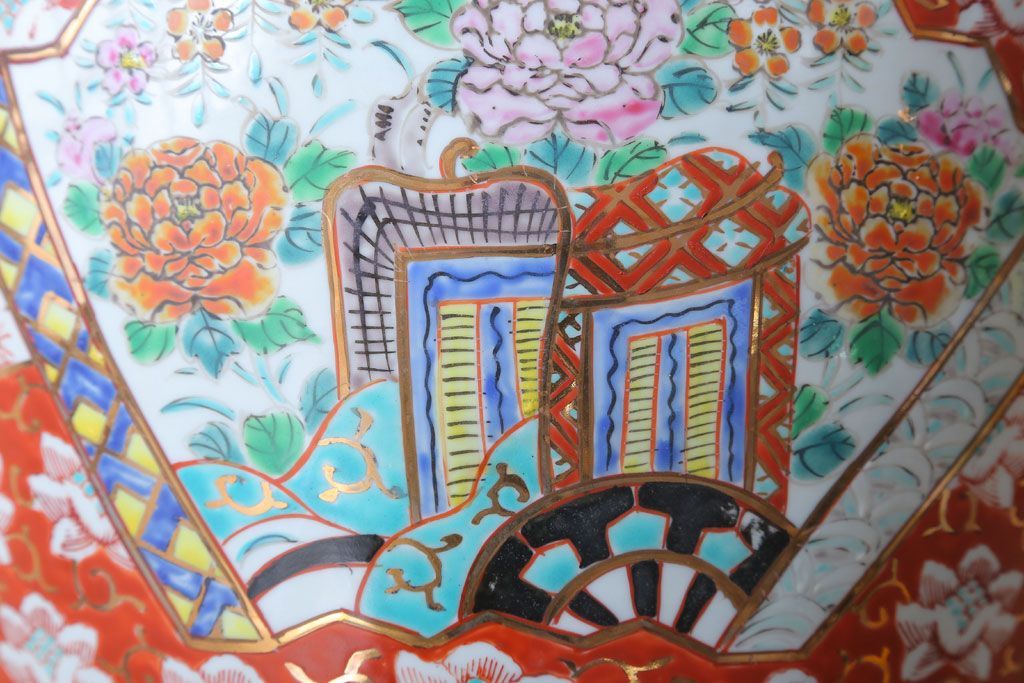 アンティーク雑貨　古民具・骨董　大正〜昭和初期 十錦手火鉢 牡丹(1)