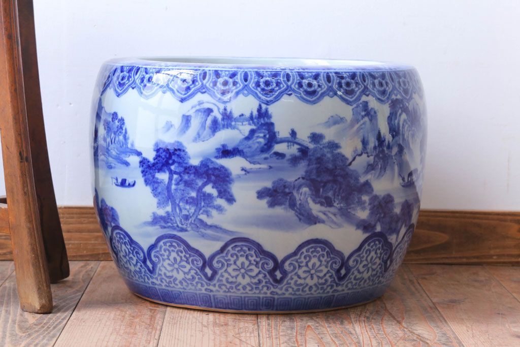 アンティーク雑貨　古民具・骨董　山水の図　大きなアンティーク瀬戸火鉢