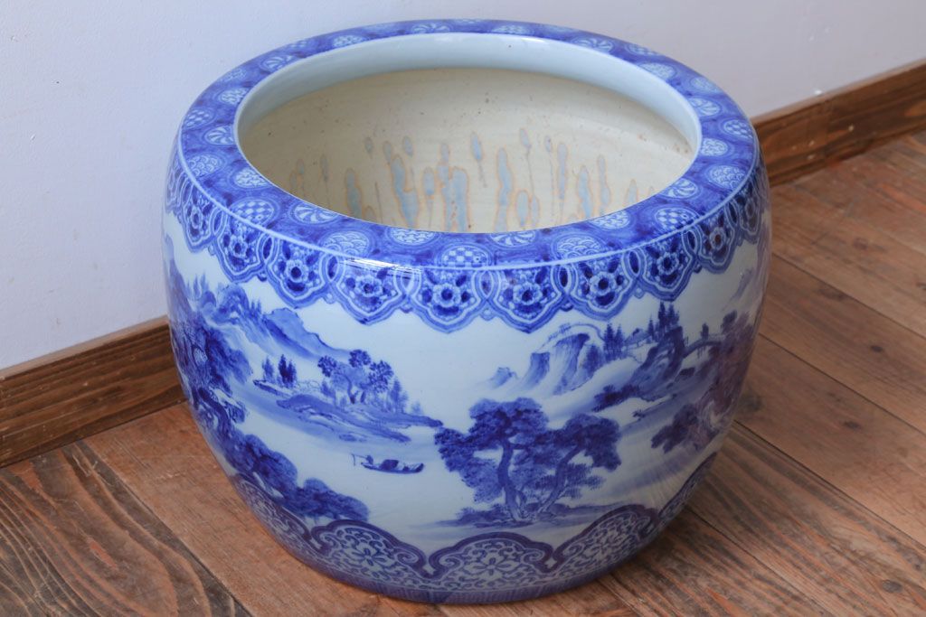 アンティーク雑貨　古民具・骨董　山水の図　大きなアンティーク瀬戸火鉢