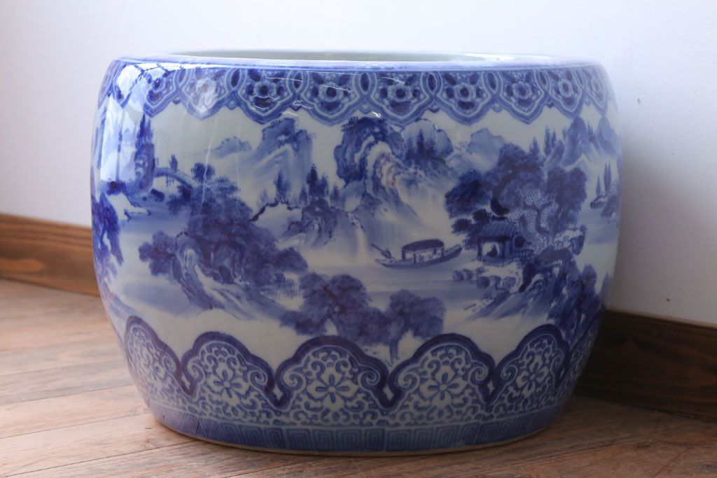 アンティーク雑貨　古民具・骨董　山水の図　大きなアンティーク瀬戸火鉢