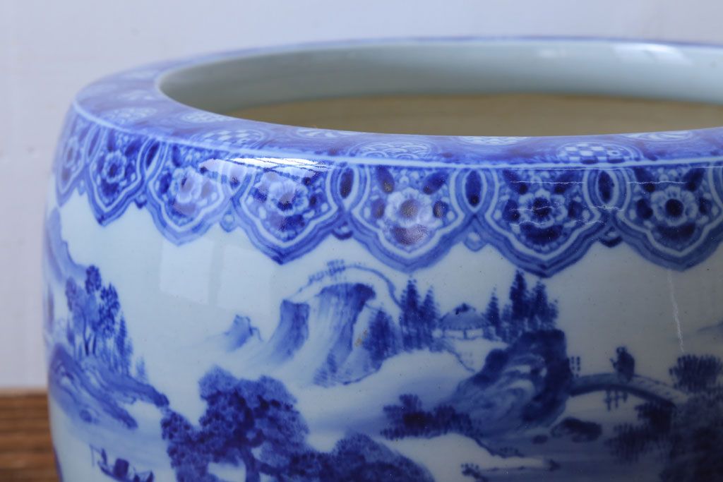 アンティーク雑貨　古民具・骨董　山水の図　大きなアンティーク瀬戸火鉢