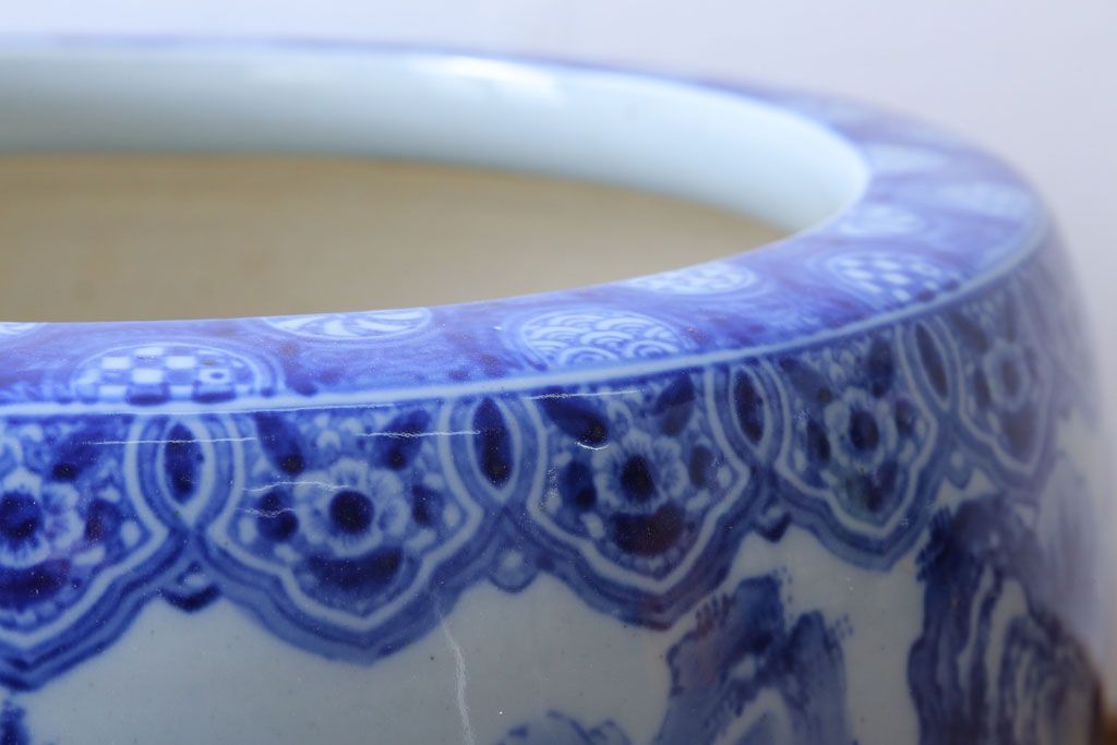 アンティーク雑貨　古民具・骨董　山水の図　大きなアンティーク瀬戸火鉢