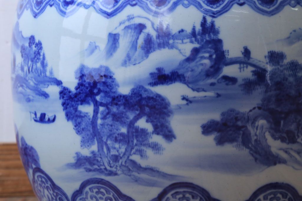 アンティーク雑貨　古民具・骨董　山水の図　大きなアンティーク瀬戸火鉢