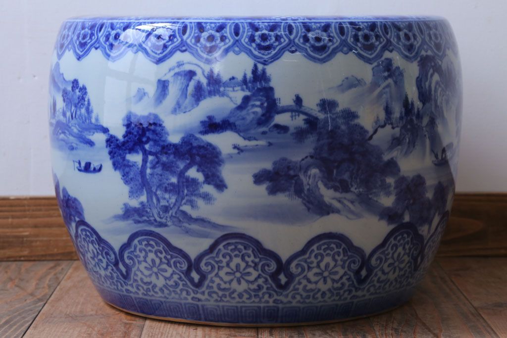 アンティーク雑貨　古民具・骨董　山水の図　大きなアンティーク瀬戸火鉢