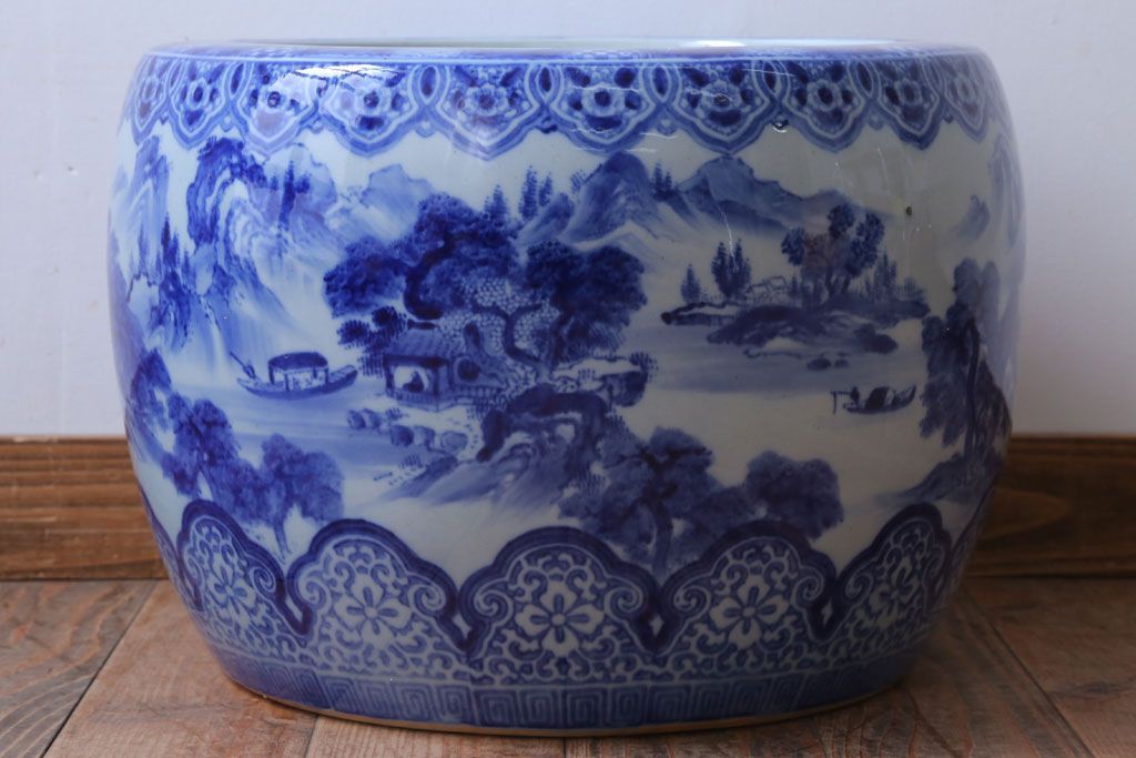 アンティーク雑貨　古民具・骨董　山水の図　大きなアンティーク瀬戸火鉢
