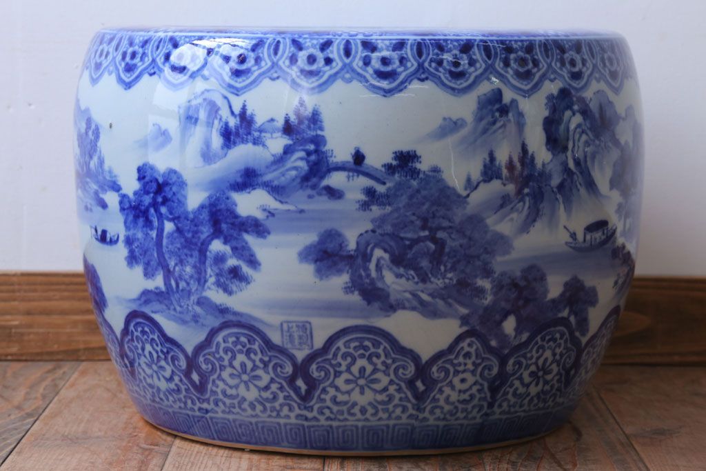 アンティーク雑貨　古民具・骨董　山水の図　大きなアンティーク瀬戸火鉢