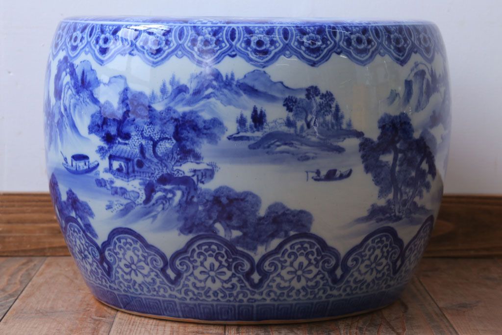アンティーク雑貨　古民具・骨董　山水の図　大きなアンティーク瀬戸火鉢
