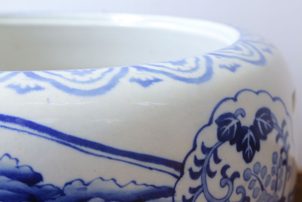 アンティーク雑貨　古民具・骨董　窓絵　風景・花の図　大きなアンティーク瀬戸火鉢