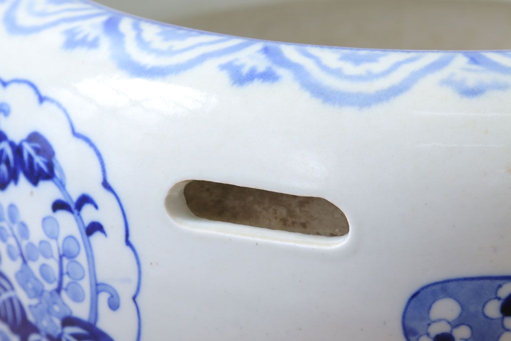 アンティーク雑貨　古民具・骨董　窓絵　風景・花の図　大きなアンティーク瀬戸火鉢