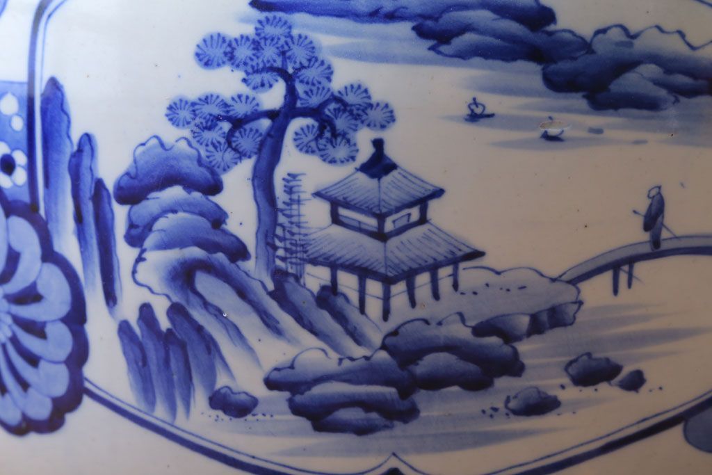 アンティーク雑貨　古民具・骨董　窓絵　風景・花の図　大きなアンティーク瀬戸火鉢