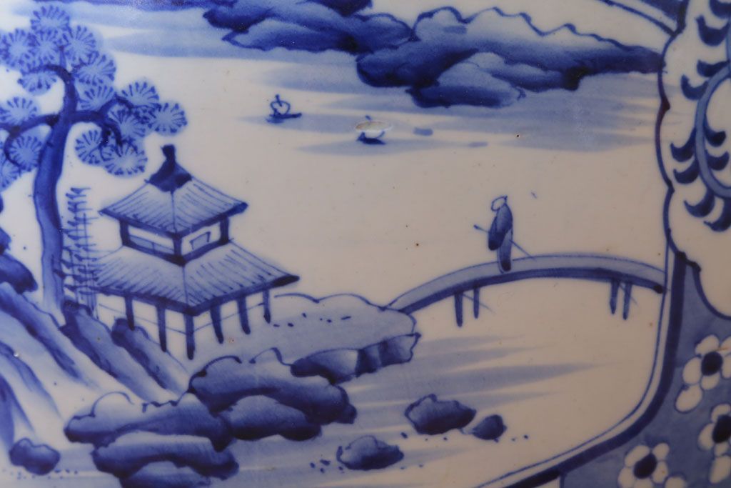 アンティーク雑貨　古民具・骨董　窓絵　風景・花の図　大きなアンティーク瀬戸火鉢