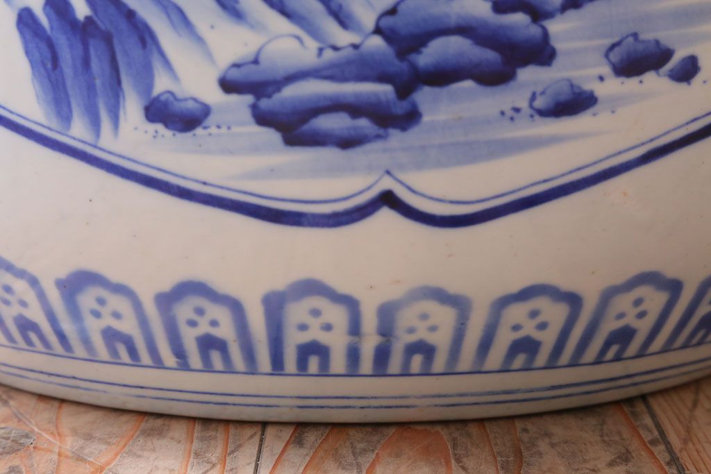 アンティーク雑貨　古民具・骨董　窓絵　風景・花の図　大きなアンティーク瀬戸火鉢