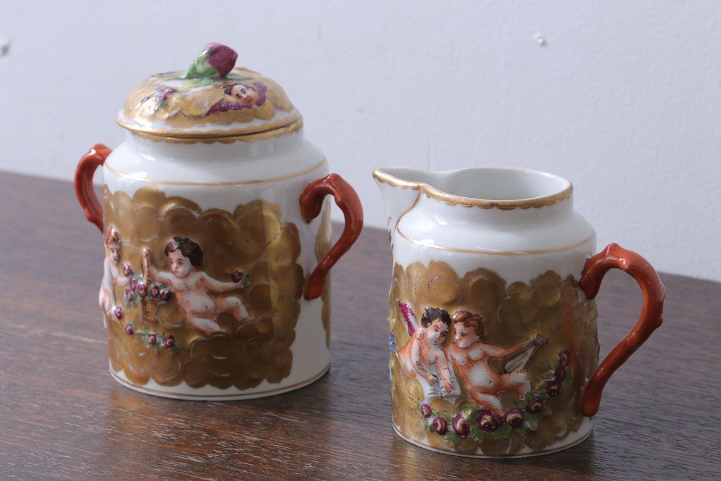 アンティーク雑貨　アンティーク　イタリアRichard Ginori(リチャード・ジノリ)　カポディモンテ　クリーマー・シュガーポット2点セット(洋食器)