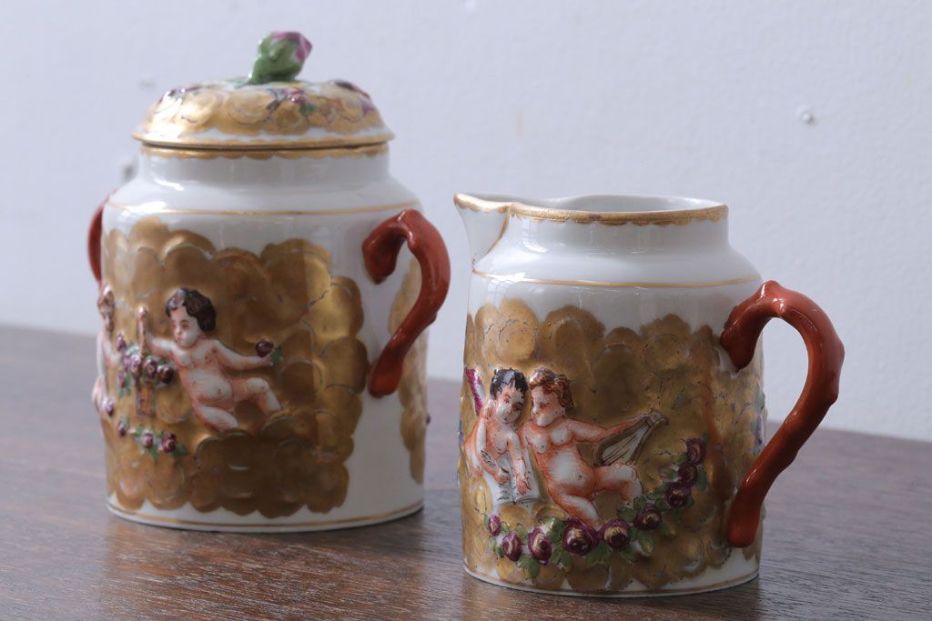 アンティーク雑貨　アンティーク　イタリアRichard Ginori(リチャード・ジノリ)　カポディモンテ　クリーマー・シュガーポット2点セット(洋食器)