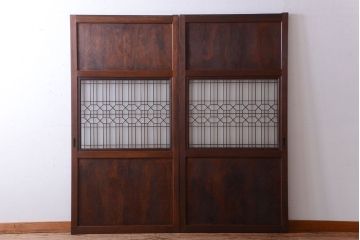古民具・骨董　組子入りすりガラス帯のアンティーク板戸2枚セット
