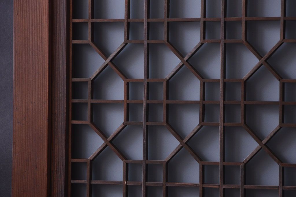 古民具・骨董　組子入りすりガラス帯のアンティーク板戸2枚セット