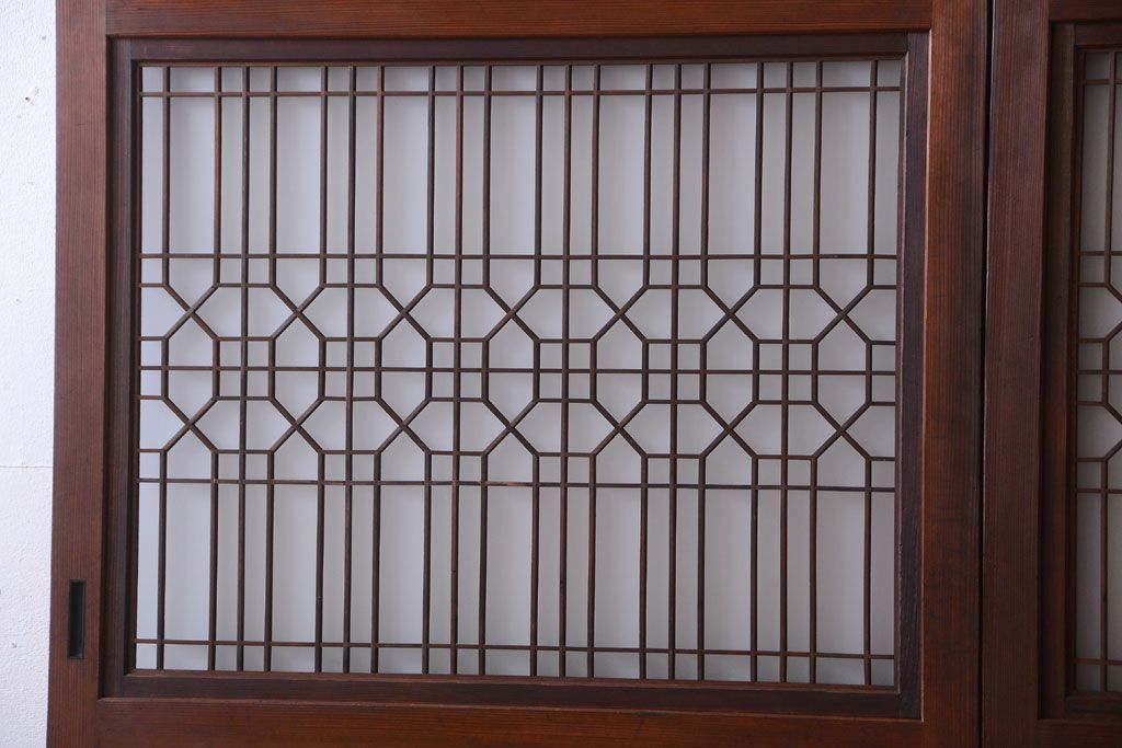 古民具・骨董　組子入りすりガラス帯のアンティーク板戸2枚セット