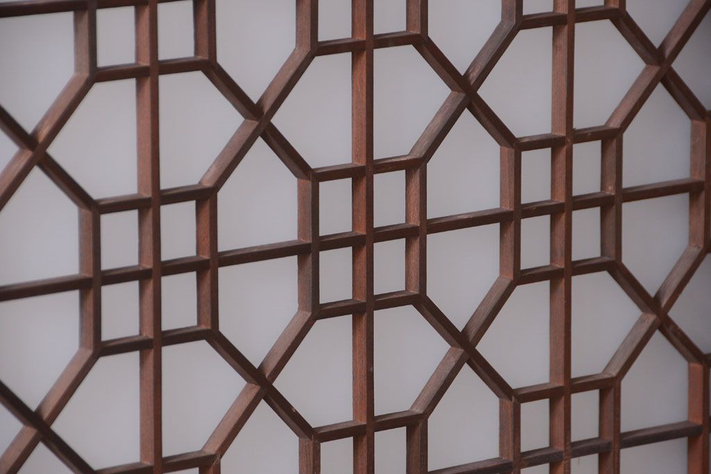 古民具・骨董　組子入りすりガラス帯のアンティーク板戸2枚セット