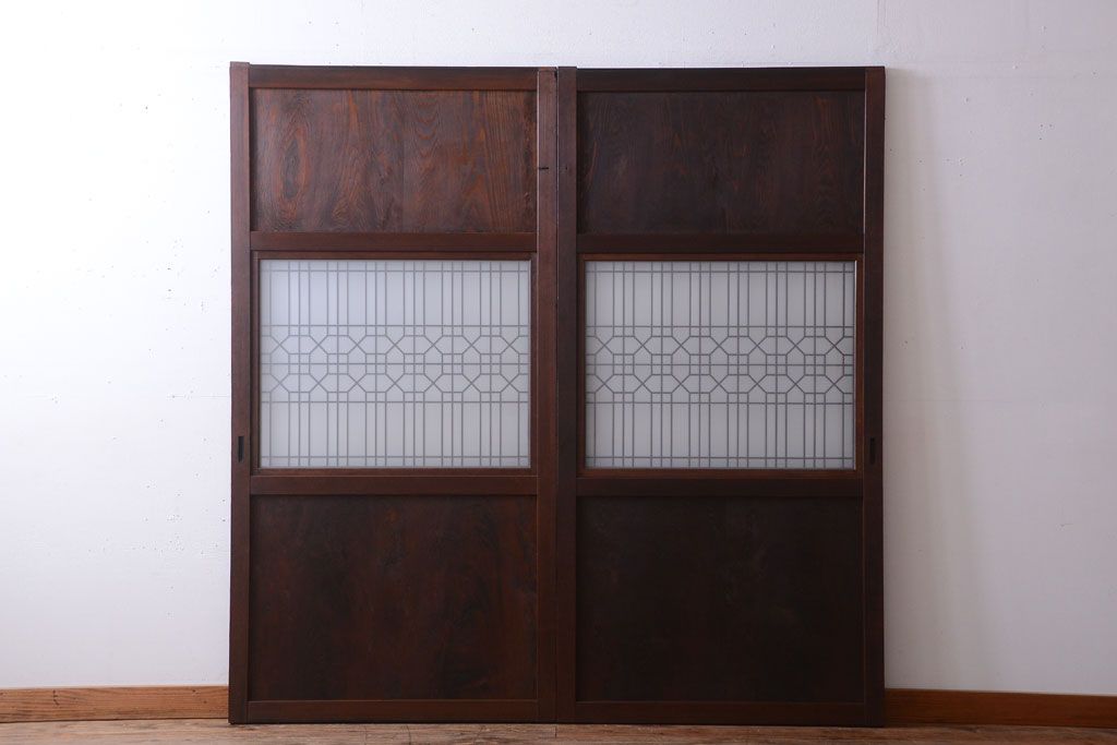 古民具・骨董　組子入りすりガラス帯のアンティーク板戸2枚セット