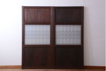 古民具・骨董　組子入りすりガラス帯のアンティーク板戸2枚セット