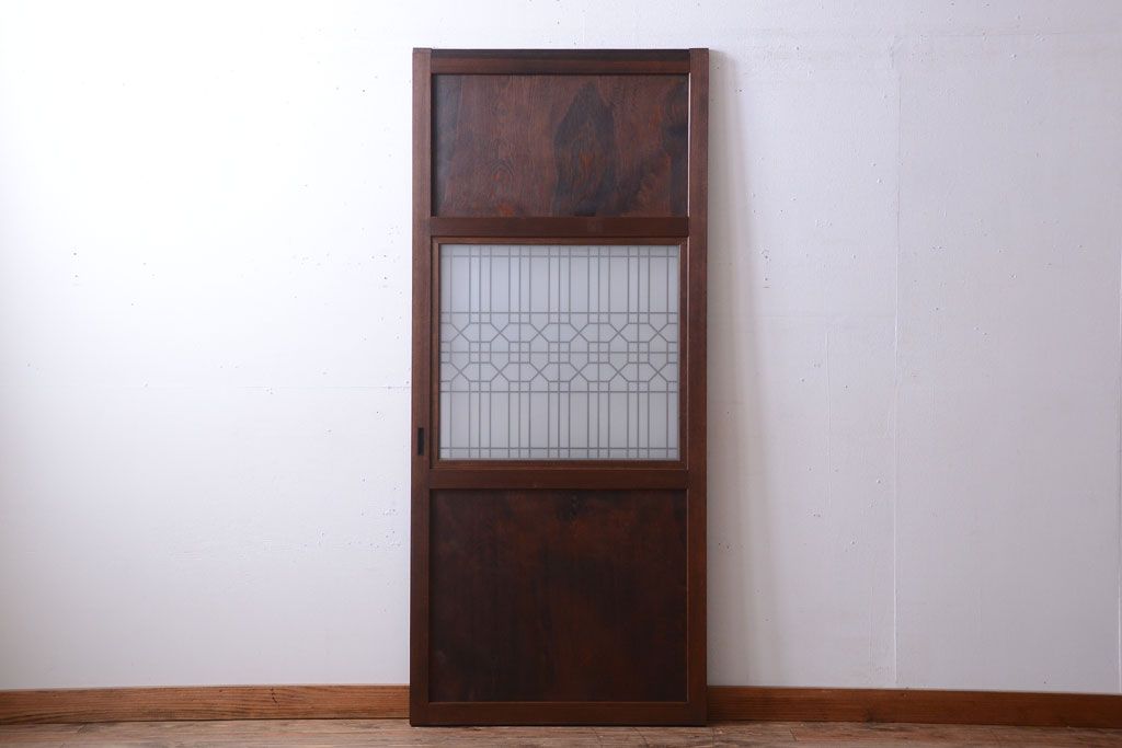古民具・骨董　組子入りすりガラス帯のアンティーク板戸