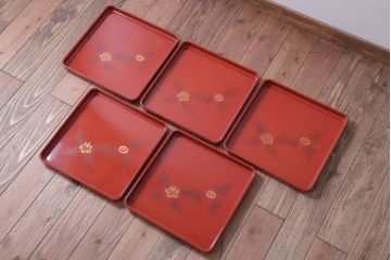 アンティーク雑貨　アンティーク　大正〜昭和初期　沈金蒔絵木製お膳5枚(漆器)(1)
