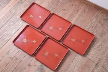 アンティーク雑貨　アンティーク　大正〜昭和初期　沈金蒔絵木製お膳5枚(漆器)(2)
