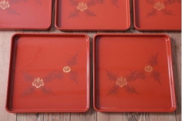 アンティーク雑貨　アンティーク　大正〜昭和初期　沈金蒔絵木製お膳5枚(漆器)(2)