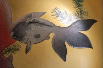 アンティーク雑貨　和製アンティーク　大正〜昭和初期　金魚の図　木製蒔絵盃洗(漆器)(2)