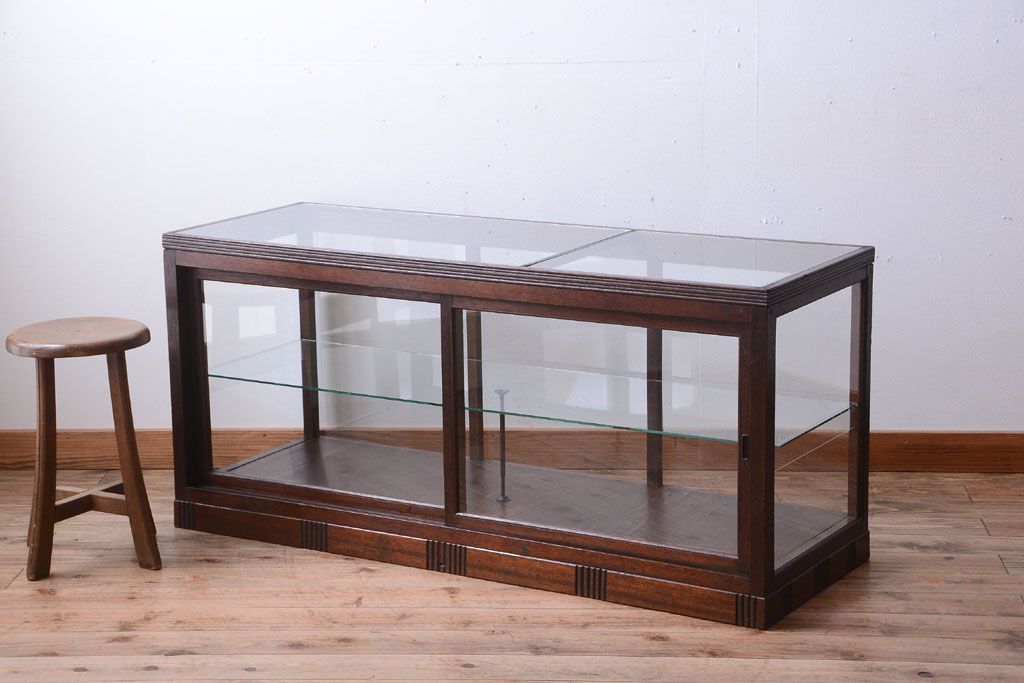 アンティーク家具　大正ロマン　古い木製の背が低いガラスケース(ショーケース)