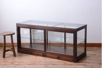 アンティーク家具　大正ロマン　古い木製の背が低いガラスケース(ショーケース)