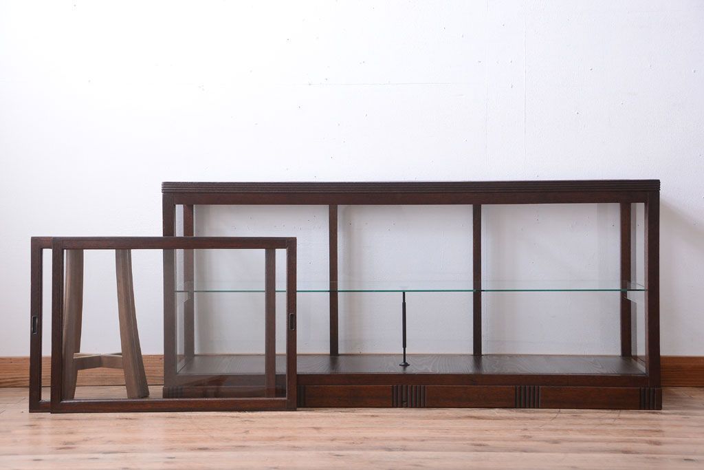 アンティーク家具　大正ロマン　古い木製の背が低いガラスケース(ショーケース)