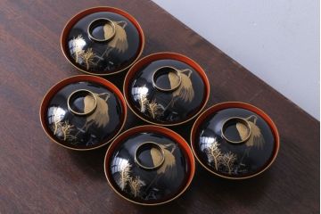 アンティーク雑貨　アンティーク　昭和二年　木製の鶴蒔絵椀5客セット(漆器)