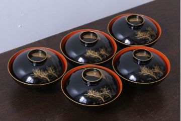 アンティーク雑貨　アンティーク　昭和二年　木製の鶴蒔絵椀5客セット(漆器)