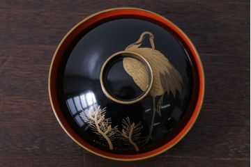 アンティーク雑貨　アンティーク　昭和二年　木製の鶴蒔絵椀5客セット(漆器)