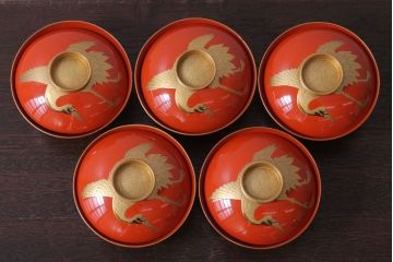 アンティーク雑貨　アンティーク　大正〜昭和初期　木製の鶴蒔絵椀5客セット(漆器)