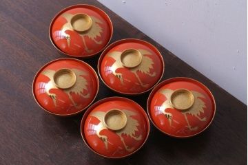 アンティーク雑貨　アンティーク　大正〜昭和初期　木製の鶴蒔絵椀5客セット(漆器)