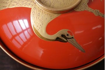 アンティーク雑貨　アンティーク　大正〜昭和初期　木製の鶴蒔絵椀5客セット(漆器)