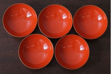アンティーク雑貨　アンティーク　大正〜昭和初期　木製の鶴蒔絵椀5客セット(漆器)